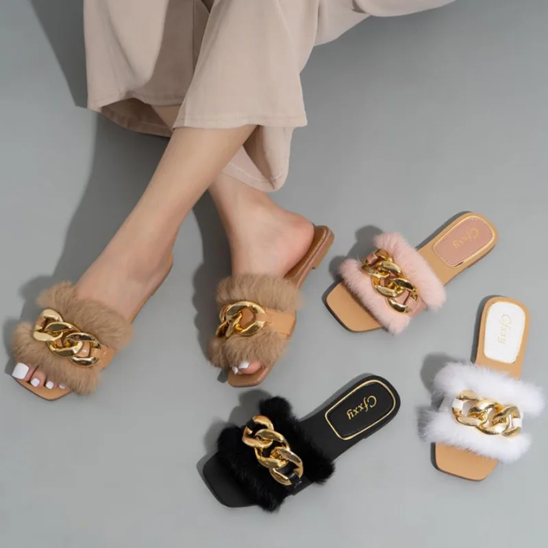Women's Fashion Slippers Faux Fur Uppers Chain Design Flat Slip On Sandals Casual Outdoor Cool Slide Sandals for Women Size37-42
Women's Fashion Slippers Faux Fur Uppers Chain Design Flat Slip On Sandals Casual Outdoor Cool Slide Sandals for Women Size37-42