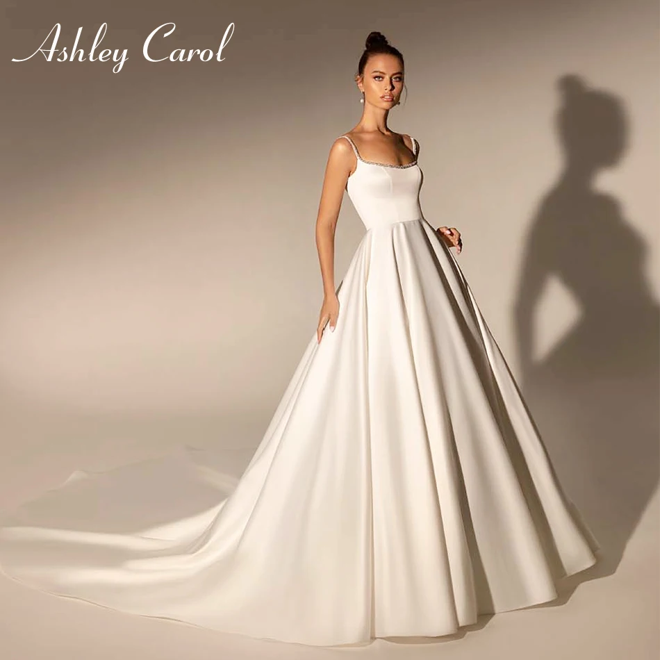 

Свадебное платье трапециевидной формы Эшли Карол 2023 на тонких бретельках с бусинами, атласное свадебное платье принцессы с длинным шлейфом, Vestido De Noiva
