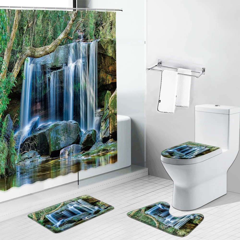 

Forest Waterfall Swan Scenery Shower Curtains Set Palm Tree Bathroom Anti-Slip Bathing Mat Doormat Toilet Cover Kitchen Carpet