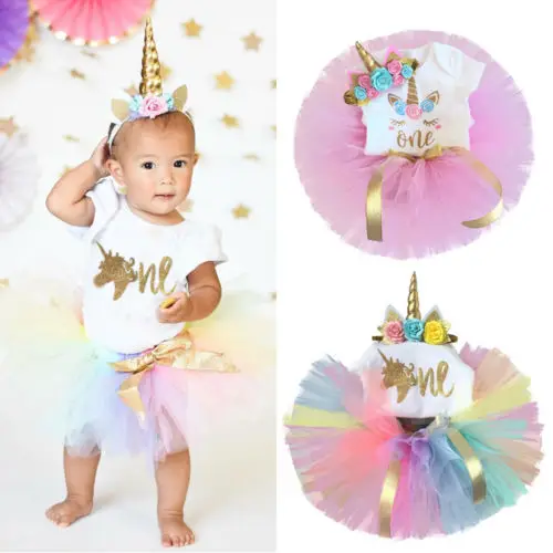 

New 0-24M Baby Girls Cartoon Short Sleeves Romper + Tulle Tutu Skirt + Head Band Unicorn Newborn 3PCS Outfits Set