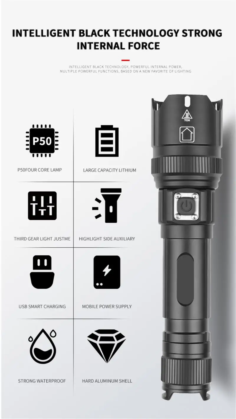 XHP50 Bright Flashlight Type-c USB Rechargeable Telescopic Zoom Power Display High Brightness 1000 Lumens Flashlight
XHP50 Bright Flashlight Type-c USB Rechargeable Telescopic Zoom Power Display High Brightness 1000 Lumens Flashlight