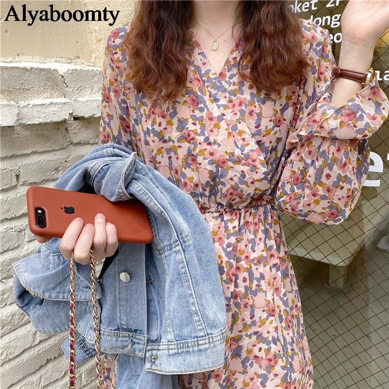 Korean Style Spring Autumn Women Midi Dress V Neck Floral Print Elastic-Waisted Femininos Vestidos Prairie Chic Chiffon Dresses
Korean Style Spring Autumn Women Midi Dress V Neck Floral Print Elastic-Waisted Femininos Vestidos Prairie Chic Chiffon Dresses