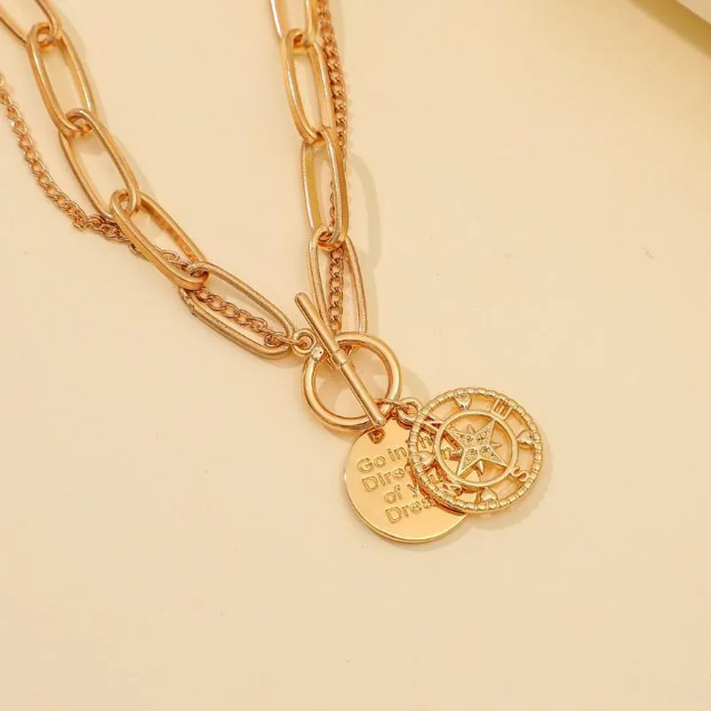 NEW Choker Coin Necklaces Women Vintage Gold Layerd Chunky Thick Chains Compass Bow Knot Pendant Necklace collier femme Jewelry | Украшения