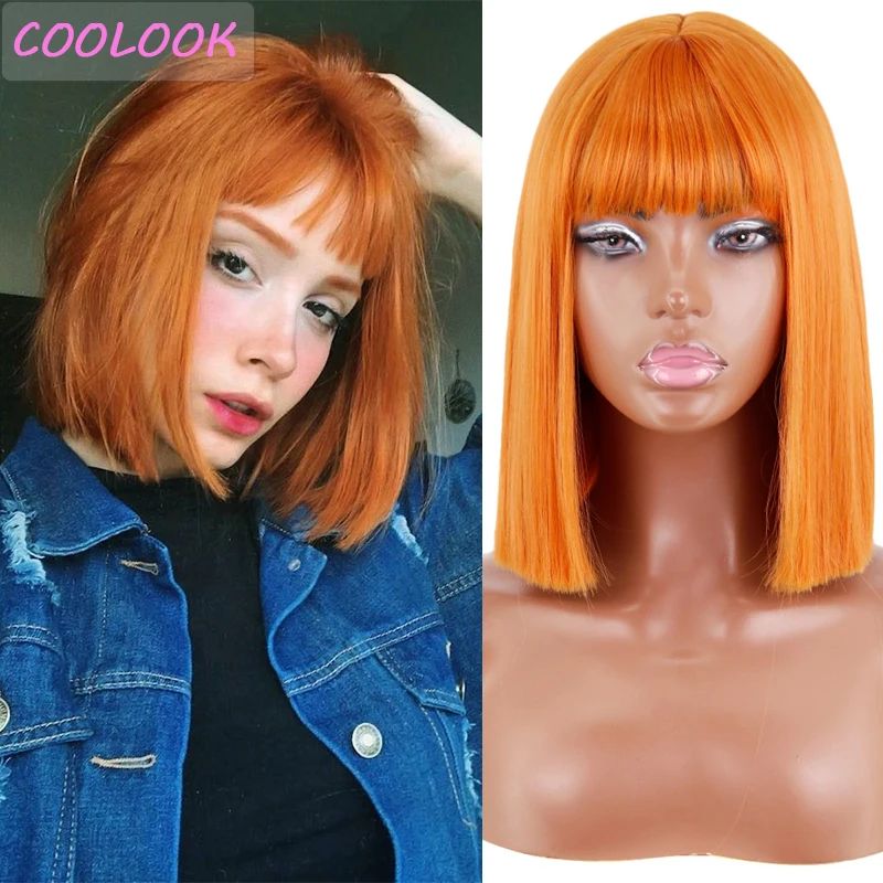 

Ginger Orange Bob Lolita Wigs with Bangs Synthetic Short Bob Blonde Wigs for Women Ombre Pink Shoulder Length Wig Peruca Cosplay