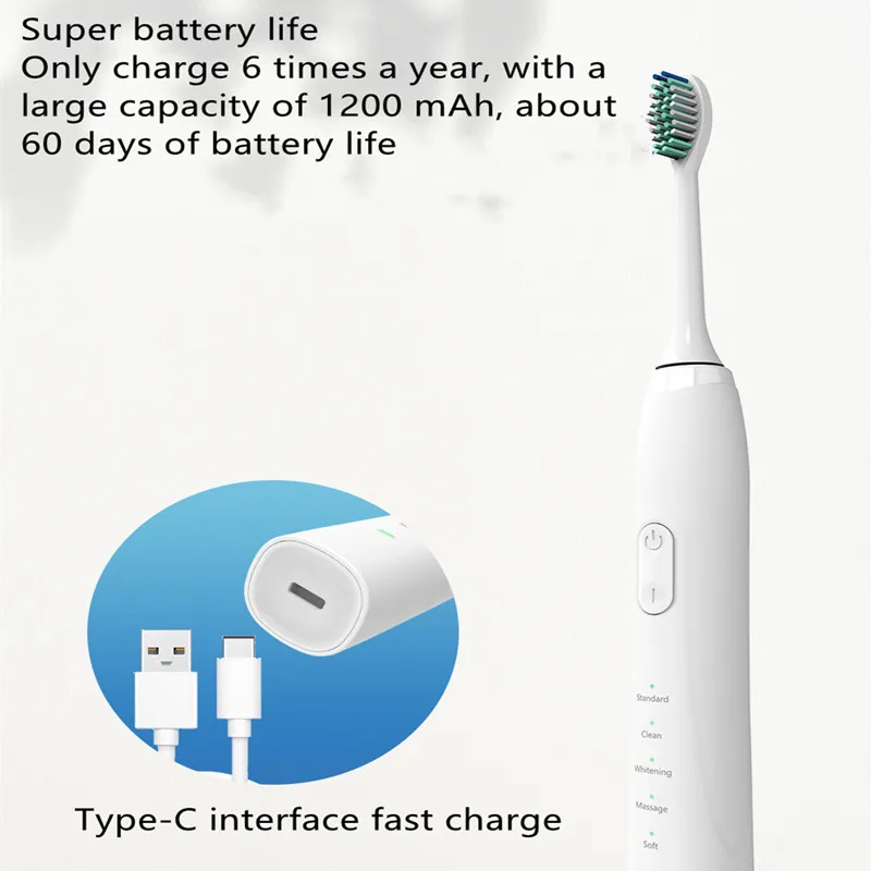 The New Type-c Interface Sonic Toothbrush Two-button Rechargeable Toothbrush 5 Modes Super Battery Life Ipx8 Waterproof
The New Type-c Interface Sonic Toothbrush Two-button Rechargeable Toothbrush 5 Modes Super Battery Life Ipx8 Waterproof