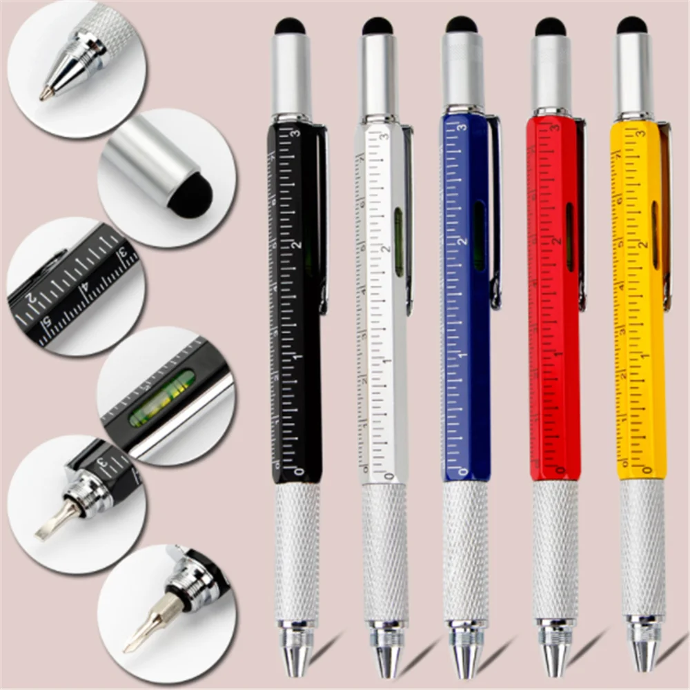 

Metal Multi Tool Pen 6 in 1 Stylus Pen - With Screwdriver Flathead Bit Slotted Screwdriver Ballpoint Pen Stylus Pen Level Ruler