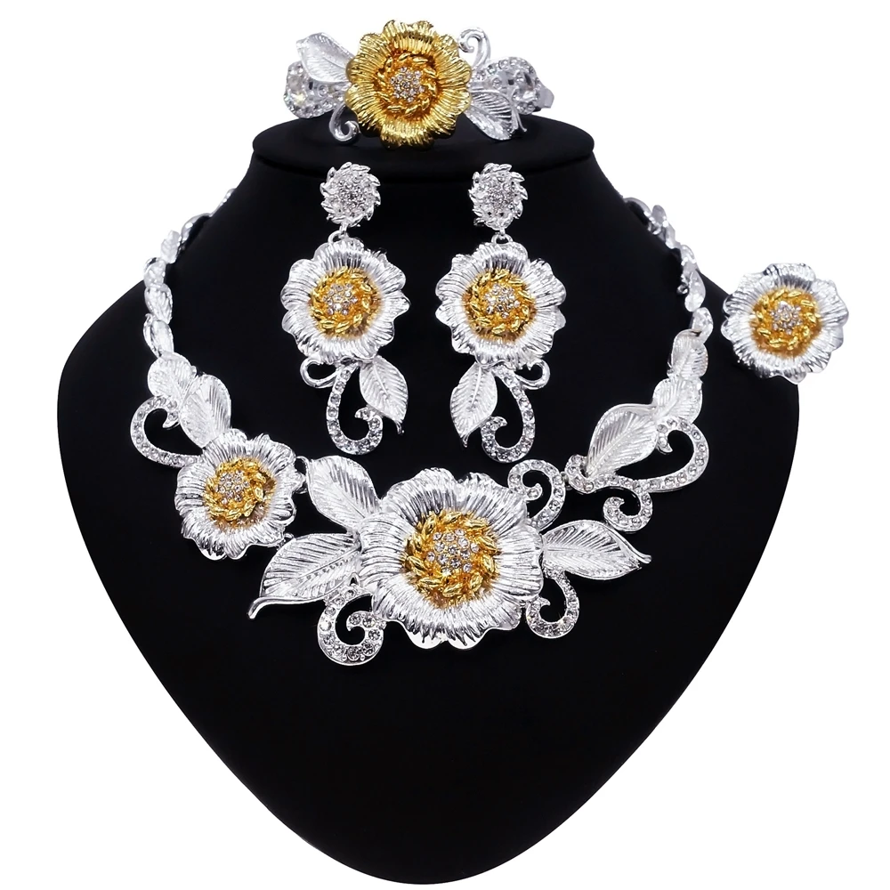 

Yulaili Flower Leaf Crystal Necklace Earrings Bracelet Ring Luxury Women Nigerian Wedding Bride Dubai Jewelery Set Wholesale