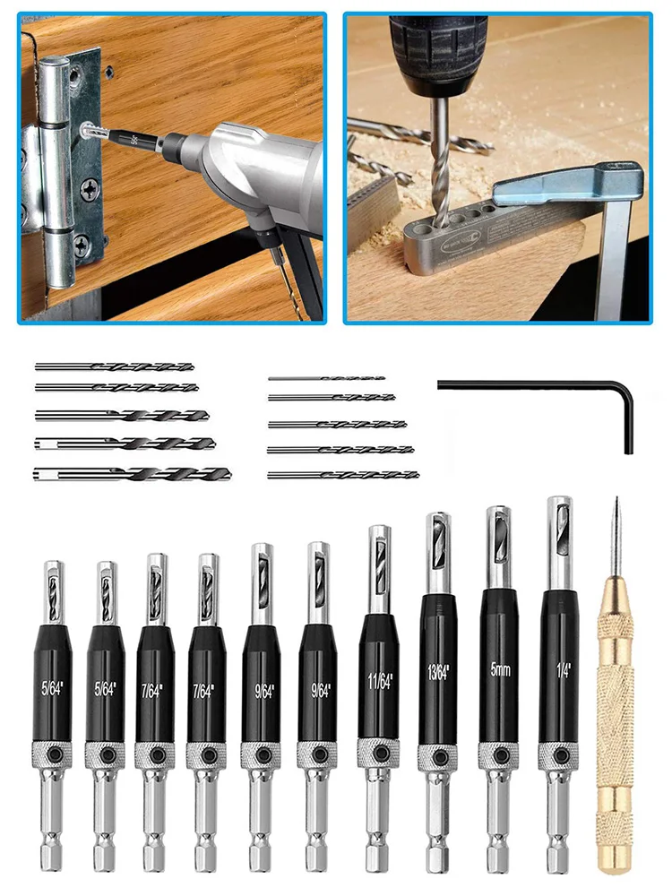 22PCS Self Centering Drill Hole Puncher Hinge Tapper For Door Bit Set Hinge Tapper Core Puncher With Hex Key Replacement Bits
22PCS Self Centering Drill Hole Puncher Hinge Tapper For Door Bit Set Hinge Tapper Core Puncher With Hex Key Replacement Bits
