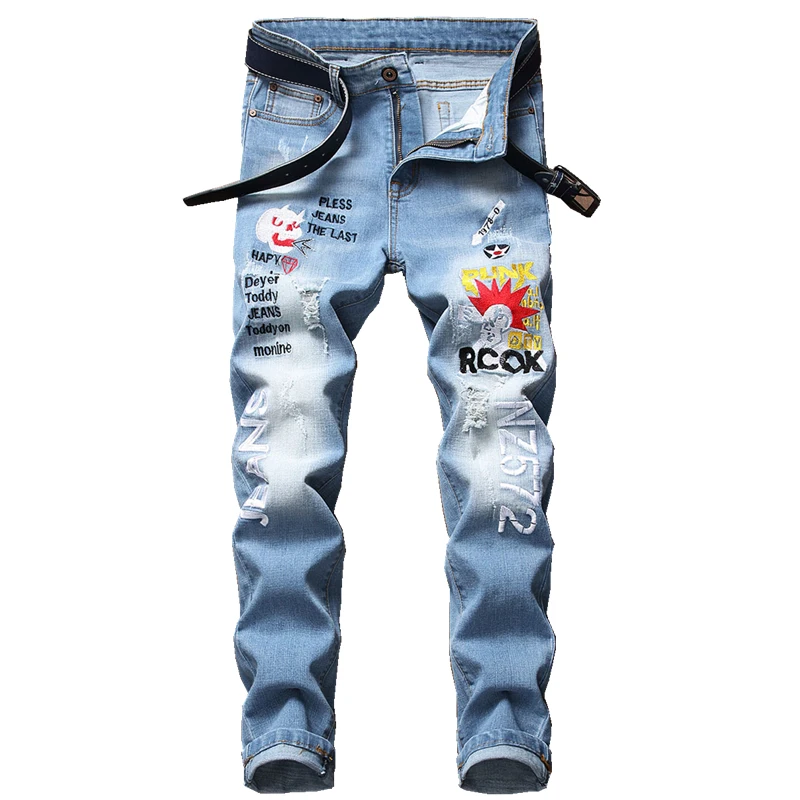 Rock Mens Punk Men Letter Graffiti Pattern Embroidery Badge Patch Slim Jeans Light Blue Holes Ripped Stretch Denim Pants
Rock Mens Punk Men Letter Graffiti Pattern Embroidery Badge Patch Slim Jeans Light Blue Holes Ripped Stretch Denim Pants