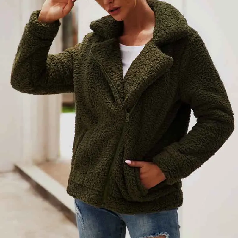 Winter Teddy Coat Woman Thick Warm Lapel Long Sleeve Zipper Fluffy Fake Fur Jackets Female Fashion Plus Size Overcoat | Женская одежда