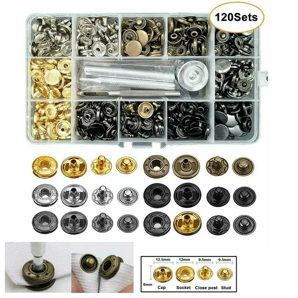 120pcs Snap Fasteners Press Studs Kit DIY Sewing Buttons Retro Bronze Color Clothing Closures Punch Tool Storage Box
120pcs Snap Fasteners Press Studs Kit DIY Sewing Buttons Retro Bronze Color Clothing Closures Punch Tool Storage Box