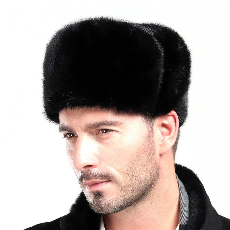 winter hat earflap men real mink fur hats protect ear warm enough russian ushanka Genuine Leather bomber | Мужские шапки