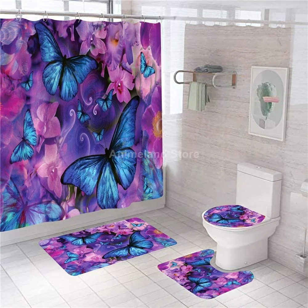 Purple Butterfly Flower Shower Curtain With Non Slip Rug Mat Bathroom Curtains Waterproof Polyester Bathroom Curtain with Hooks 
Purple Butterfly Flower Shower Curtain With Non Slip Rug Mat Bathroom Curtains Waterproof Polyester Bathroom Curtain with Hooks