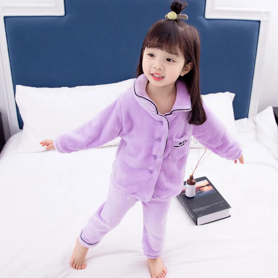 Одежда для маленьких девочек однотонная Пижама костюм теплые фланелевые