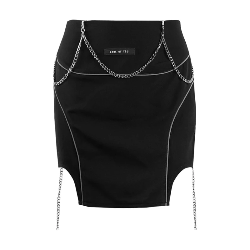 2022 New Goth Punk Rock Black Slim Girls Mini Short Skirts High Waist Chain Skirt Women Reflective Strip Decoration Streetwear 
2022 New Goth Punk Rock Black Slim Girls Mini Short Skirts High Waist Chain Skirt Women Reflective Strip Decoration Streetwear