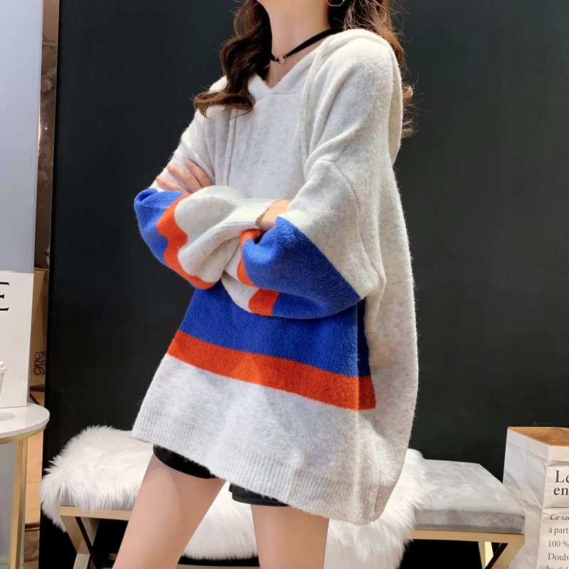 2020 autumn and winter new fashion lazy wind wild loose hooded mid-length sweater contrast color pullover sweater sweater women
2020 autumn and winter new fashion lazy wind wild loose hooded mid-length sweater contrast color pullover sweater sweater women