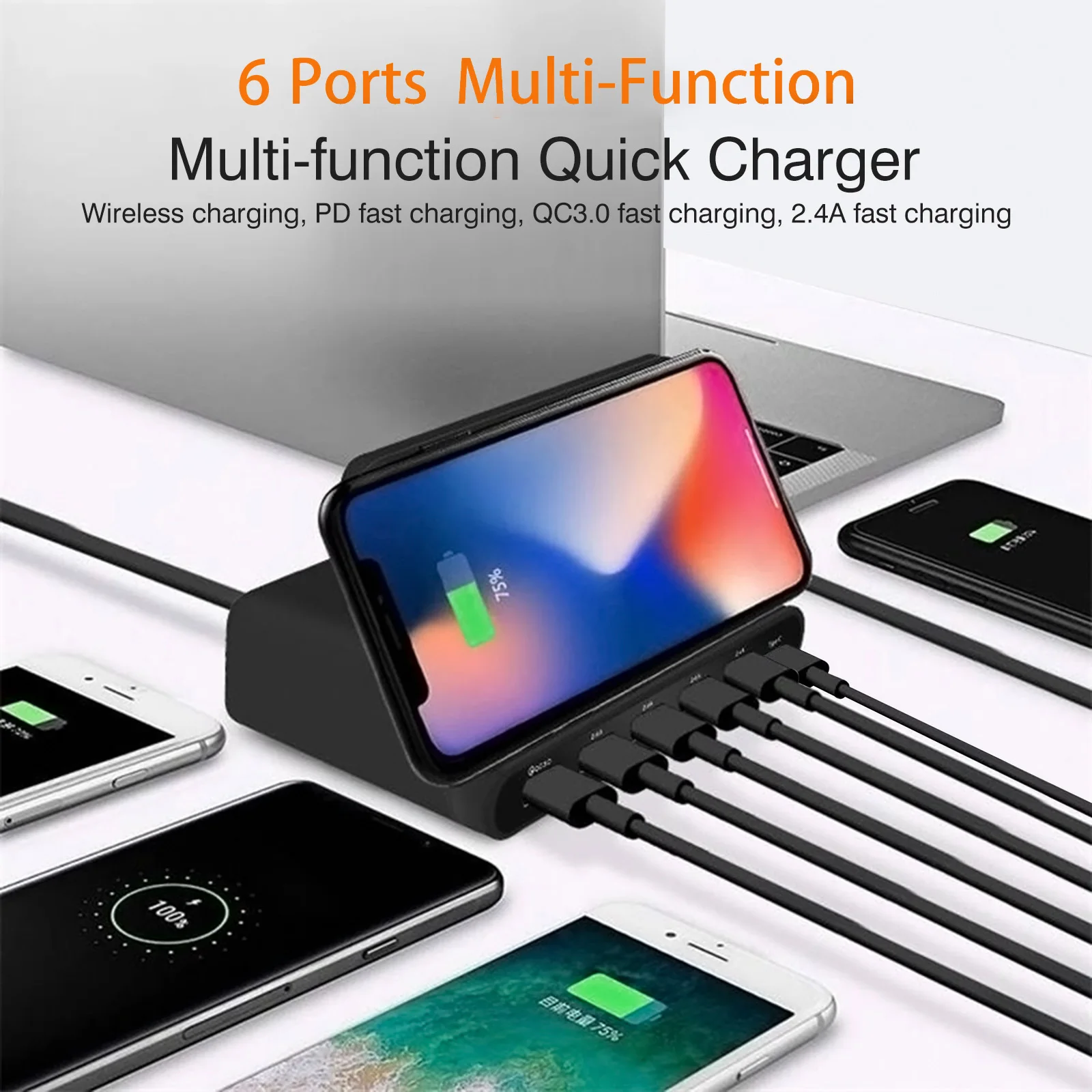 6 Ports 60W USB Socket QI Wireless Charger with PD 18W QC3.0 USB Interface Office Fast Charging Power Adapter for ios&Android
6 Ports 60W USB Socket QI Wireless Charger with PD 18W QC3.0 USB Interface Office Fast Charging Power Adapter for ios&Android