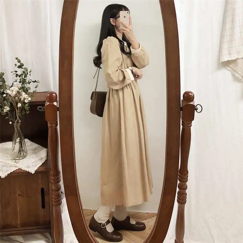 QWEEK винтажное старое платье средней длины с длинным рукавом женское осеннее