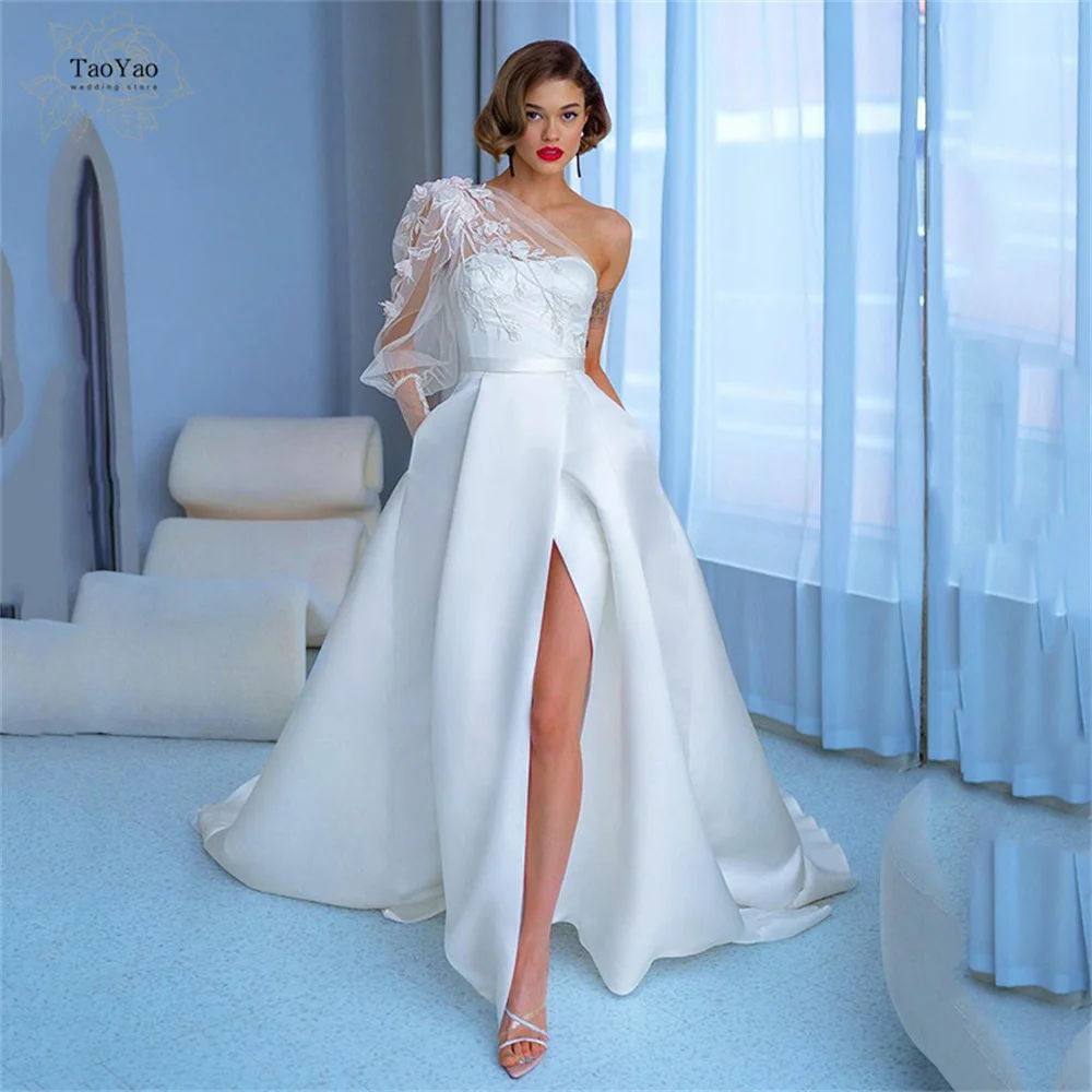 Elegant One-shoulder Wedding Dress with Long Puff Sleeve Slit A-line Applique Bridal Gown Marriage Dress Vestidos De Novia
Elegant One-shoulder Wedding Dress with Long Puff Sleeve Slit A-line Applique Bridal Gown Marriage Dress Vestidos De Novia