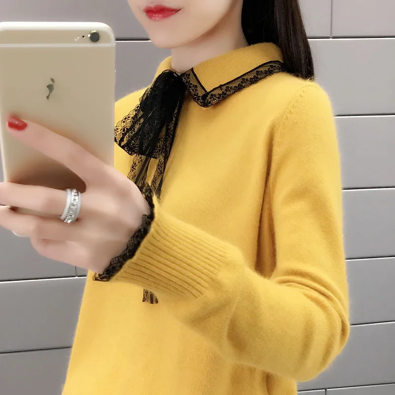 Autumn winter knitted sweaters women 2019 fashion Lace bow pullover student casual Long sleeve bottoming A2967 | Женская одежда