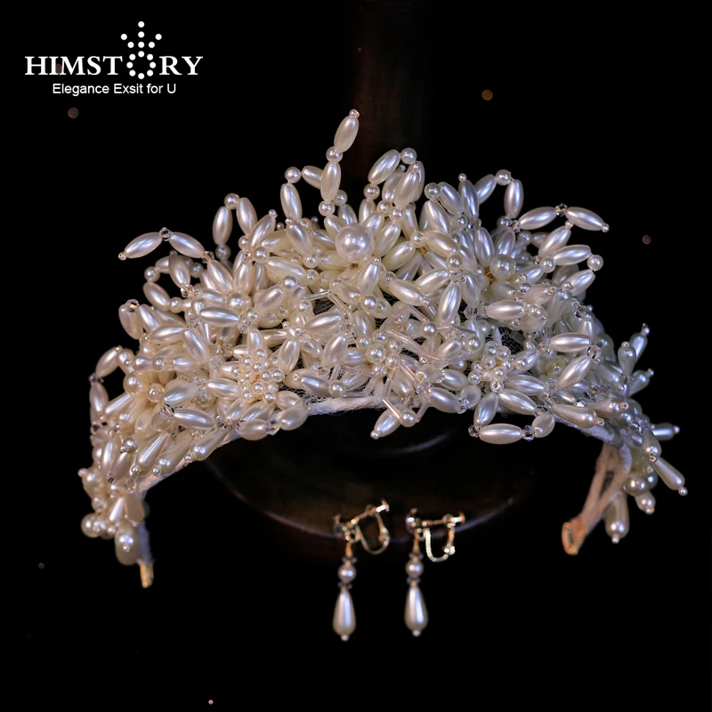 

HIMSTORY European Handmade Pearls Brides Princess Tiaras Headbands Bridal Hairbands Wedding Hair Accessory Prom Head Jewelries