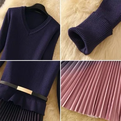 Autumn Winter Elegant Knitted Patchwork Gradient Pink Pleated Dress Women Long Sleeve Office One-Piece Sweater Dress With Belt
Autumn Winter Elegant Knitted Patchwork Gradient Pink Pleated Dress Women Long Sleeve Office One-Piece Sweater Dress With Belt