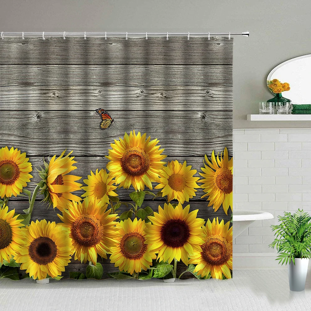 

Sunflower Flower Wood Grain Plant Scenery Bathroom Shower Curtain Cactus Butterfly Bee Floral Landscape Bath Curtains With Hooks