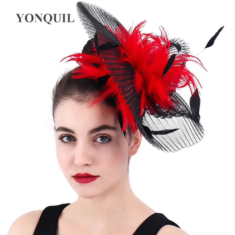 

Black And Red Wedding Hair Fascinators Hat Womens Feather Accessories Bridal Mesh Headdress For Kenducky Party Headwear