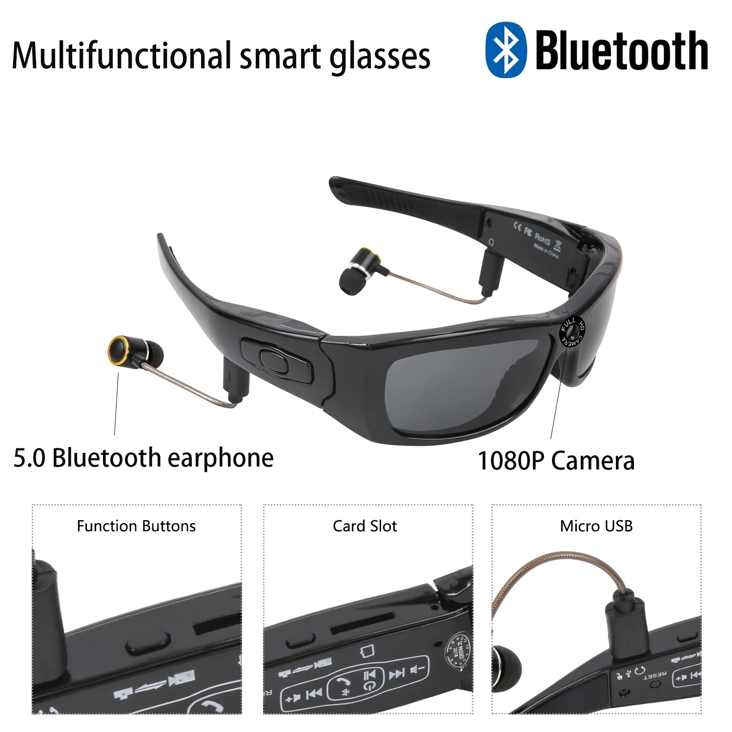 1080P mini camera bluetooth headset multifunctional sunglasses outdoor sports short video recording camera music playback
1080P mini camera bluetooth headset multifunctional sunglasses outdoor sports short video recording camera music playback