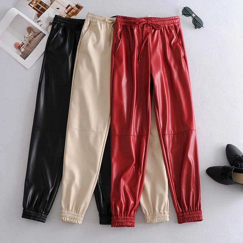 Lady Full Length Pu Leather Pants Drawstring Sports Style Long Sweatpants Women Baggy Casual Pencil Pants Pantalon Mujer
Lady Full Length Pu Leather Pants Drawstring Sports Style Long Sweatpants Women Baggy Casual Pencil Pants Pantalon Mujer