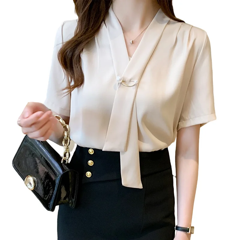 Women Blouse Dropping Shirt Deep V Ribbon Collar Short Sleeves Solid Color Elegant Womens Tops Blouse Fashion Summer 2021
Women Blouse Dropping Shirt Deep V Ribbon Collar Short Sleeves Solid Color Elegant Womens Tops Blouse Fashion Summer 2021