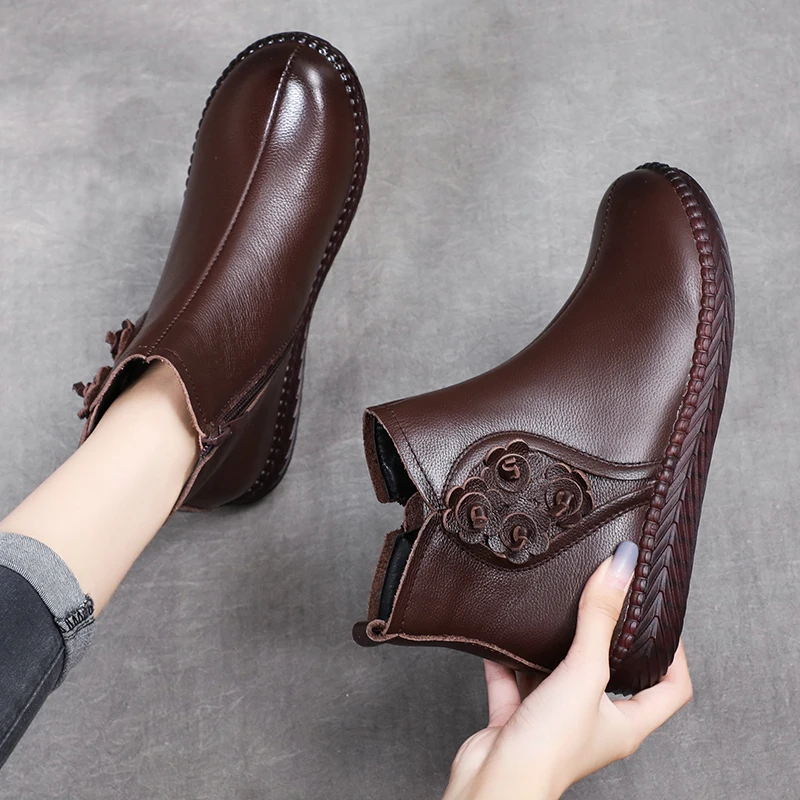 Winter Snow Rubber Boots for Women Retro Wedges Platform Ankle Boots Ladies Genuine Leather Shoes Woman 2020