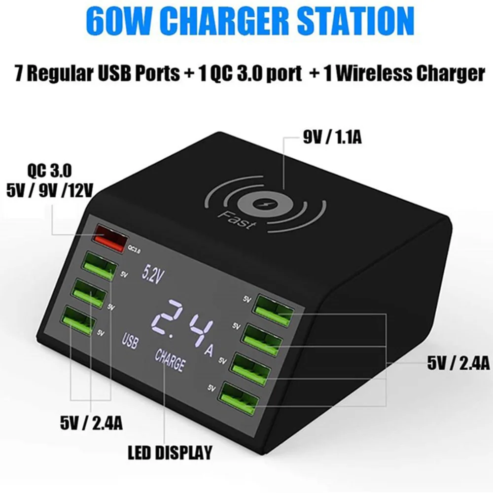 60W 8Port USB PD QC3.0 Fast Charger Adapter Wireless Charger Dock LED Display Smartphone Charging Station Accessories for Mobile 
60W 8Port USB PD QC3.0 Fast Charger Adapter Wireless Charger Dock LED Display Smartphone Charging Station Accessories for Mobile