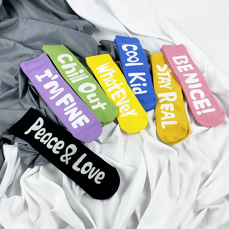 Fun Street Fashion Cotton Happy Candy Color Crew Socks BE NICE WHATEVER STAY REAL CHILL OUT COOL KID I'M AM FINE LOVE & PEACE
Fun Street Fashion Cotton Happy Candy Color Crew Socks BE NICE WHATEVER STAY REAL CHILL OUT COOL KID I'M AM FINE LOVE & PEACE