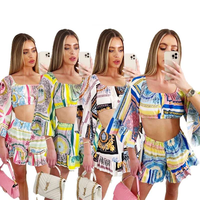 2021 New Women Fashion Printing Medium Sleeve Pleated Home Wear Two Piece Set Crop Top Short Wide Shorts Sexy Party Club Outfits
2021 New Women Fashion Printing Medium Sleeve Pleated Home Wear Two Piece Set Crop Top Short Wide Shorts Sexy Party Club Outfits