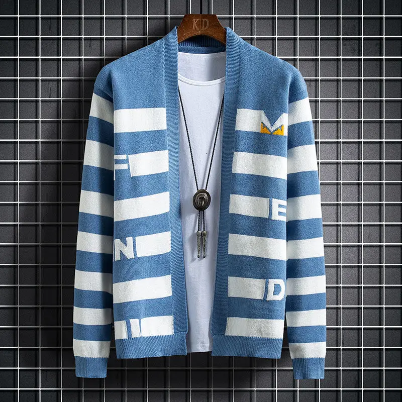 

Мужской контрастный свитер в полоску, кардиган с воротником-стойкой, одежда для мужчин, 2020