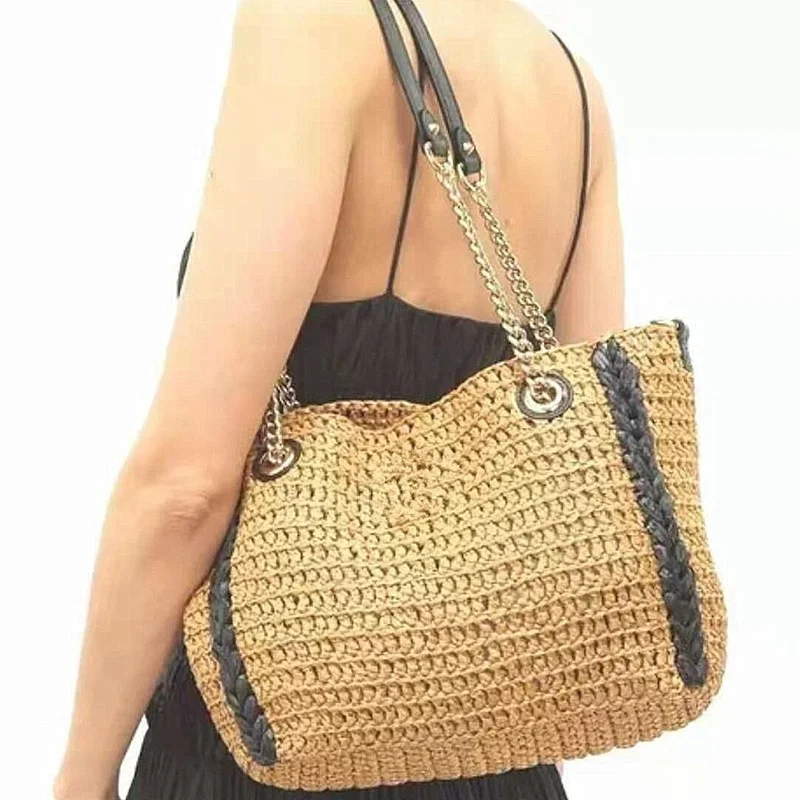 

New Shoulder Camel Beige Straw Woven Bag Crocheted Woven Female Bucket Big Bag