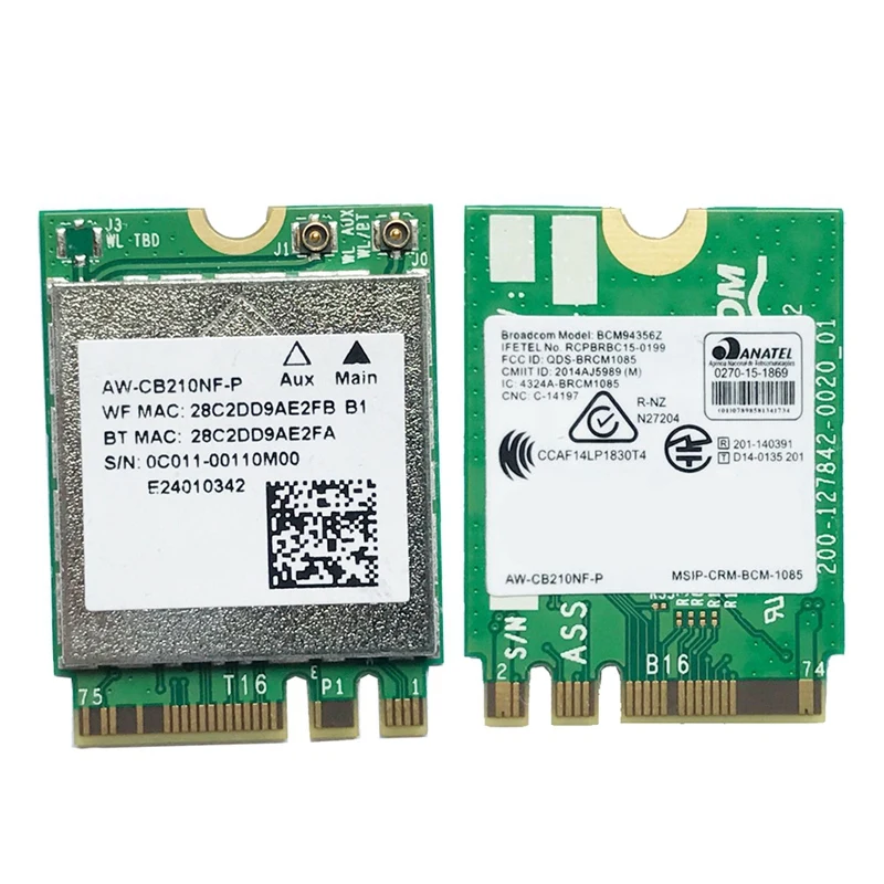 Dual Band Adapter BCM94356Z AW-CB210NF-P NGFF M.2 WiFi Wireless Card 867Mbps + Bluetooth 4.1 802.11Ac BCM94356Z AC Card
Dual Band Adapter BCM94356Z AW-CB210NF-P NGFF M.2 WiFi Wireless Card 867Mbps + Bluetooth 4.1 802.11Ac BCM94356Z AC Card