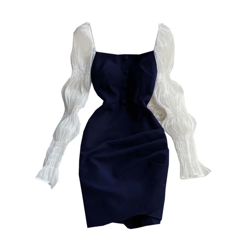 style retro temperament feminine slim fit short dress fashion contrast color stitching square neck dress spring
style retro temperament feminine slim fit short dress fashion contrast color stitching square neck dress spring