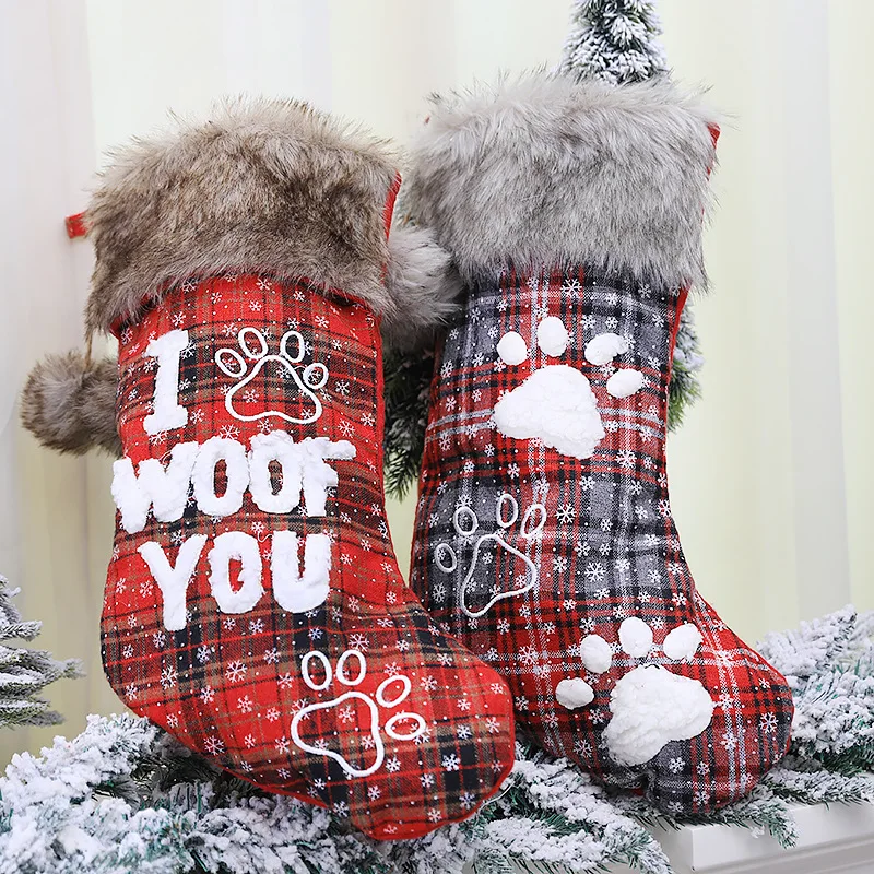 

Рождественские чулки, носки, Рождество с шариком, клетчатый принт, буква, собачья лапа, Подарочный пакет для домашних украшений, новый год 2022