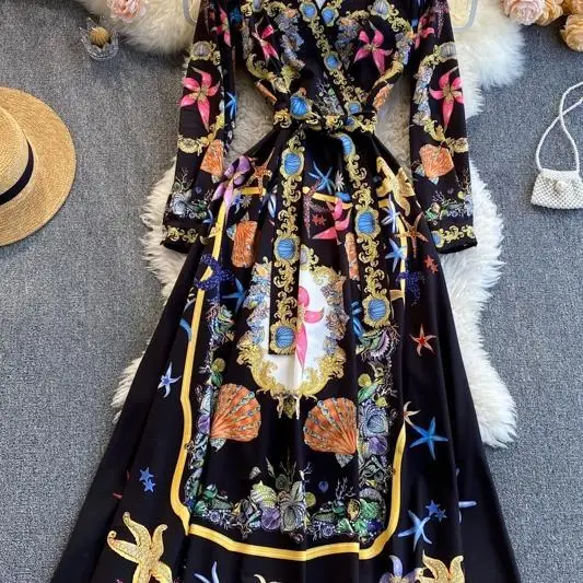 2021 Vintage full A-line dress new women's print V-neck black MIDI Maxi Dress oversize belts for women ankle length Dress 
2021 Vintage full A-line dress new women's print V-neck black MIDI Maxi Dress oversize belts for women ankle length Dress