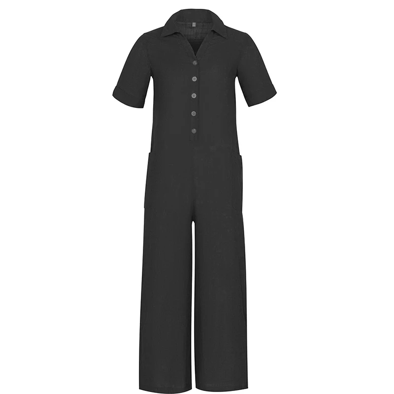 Casual Solid Color Jumpsuits For Women Stand Collar Button Pockets Shorts Sleeve Loose Stright Pants Cotton
Casual Solid Color Jumpsuits For Women Stand Collar Button Pockets Shorts Sleeve Loose Stright Pants Cotton