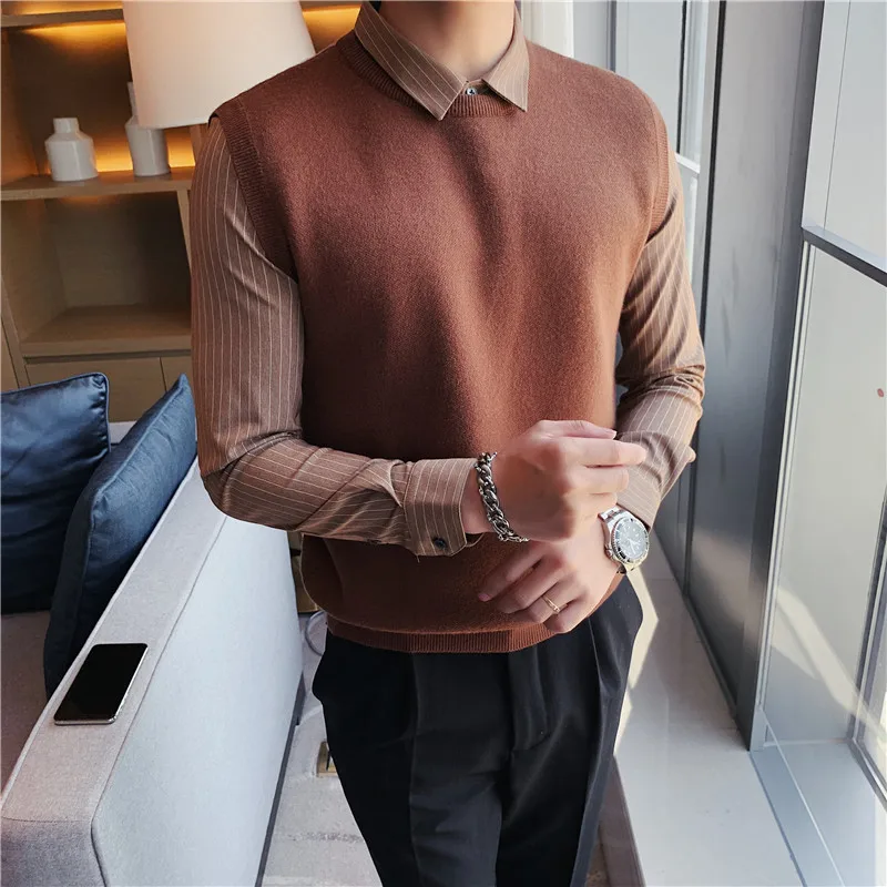 High Quality Shirt Spliced Fake-2pieces Casual Knitted Sweater Men Clothing 2020 Autumn Winter Thick Warm Slim Fit Pull Homme
High Quality Shirt Spliced Fake-2pieces Casual Knitted Sweater Men Clothing 2020 Autumn Winter Thick Warm Slim Fit Pull Homme