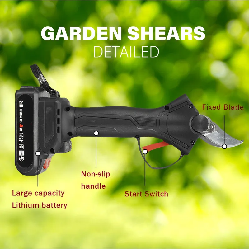 21V 1500W Electric Pruning Scissors Shears 32mm Rechargeable Garden Pruner Secateur Branch Cutter Cutting Tools with Battery
21V 1500W Electric Pruning Scissors Shears 32mm Rechargeable Garden Pruner Secateur Branch Cutter Cutting Tools with Battery