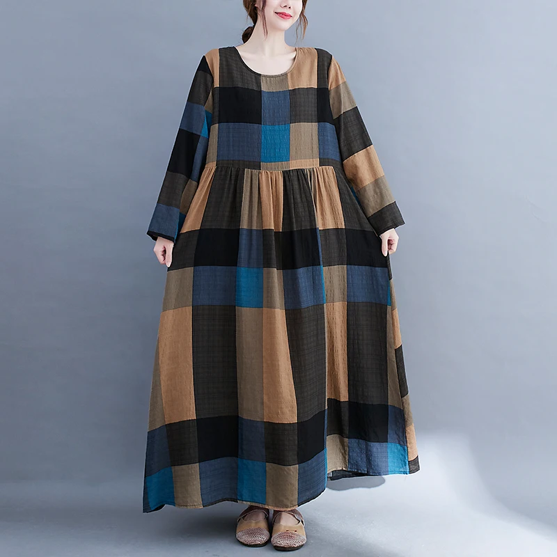 Long Sleeve Cotton Vintage O-Neck Plaid Autumn Dresses Women Lose Casual Vestidos Office Lady Dress Elegant Femme Clothes 2021
Long Sleeve Cotton Vintage O-Neck Plaid Autumn Dresses Women Lose Casual Vestidos Office Lady Dress Elegant Femme Clothes 2021