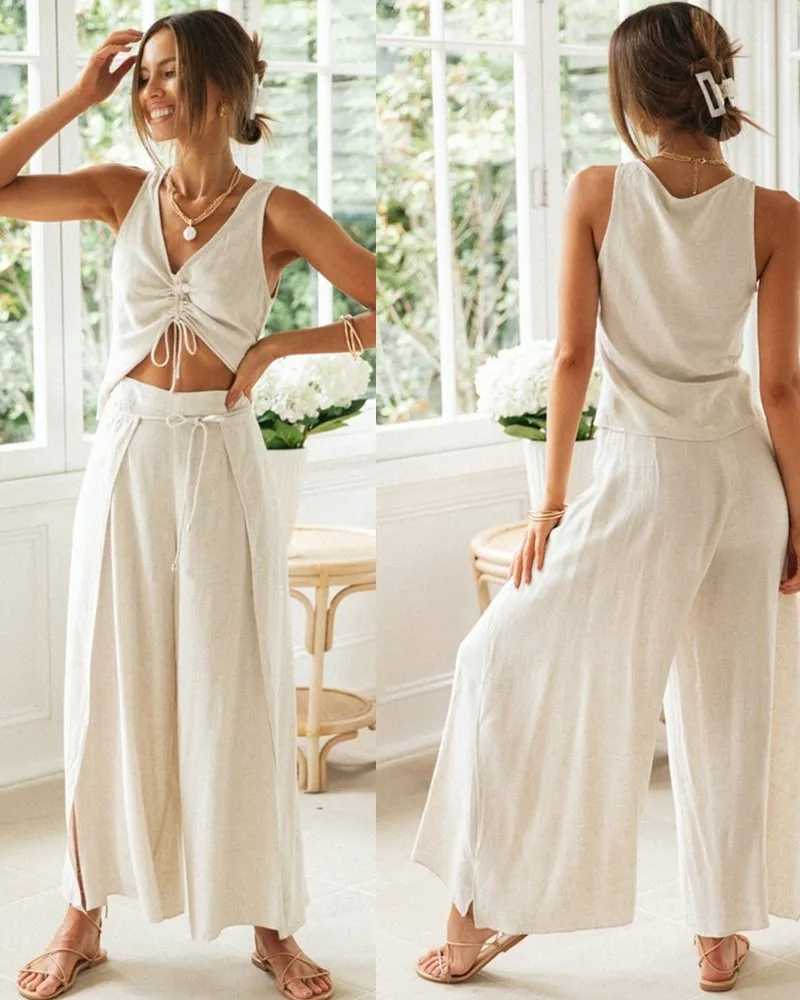 Casual Fashion Two Piece Set Women Cotton Linen Drawstring V Neck Crop Top Split Lace Up Pant Summer 2021 New Wide Leg Trousers
Casual Fashion Two Piece Set Women Cotton Linen Drawstring V Neck Crop Top Split Lace Up Pant Summer 2021 New Wide Leg Trousers