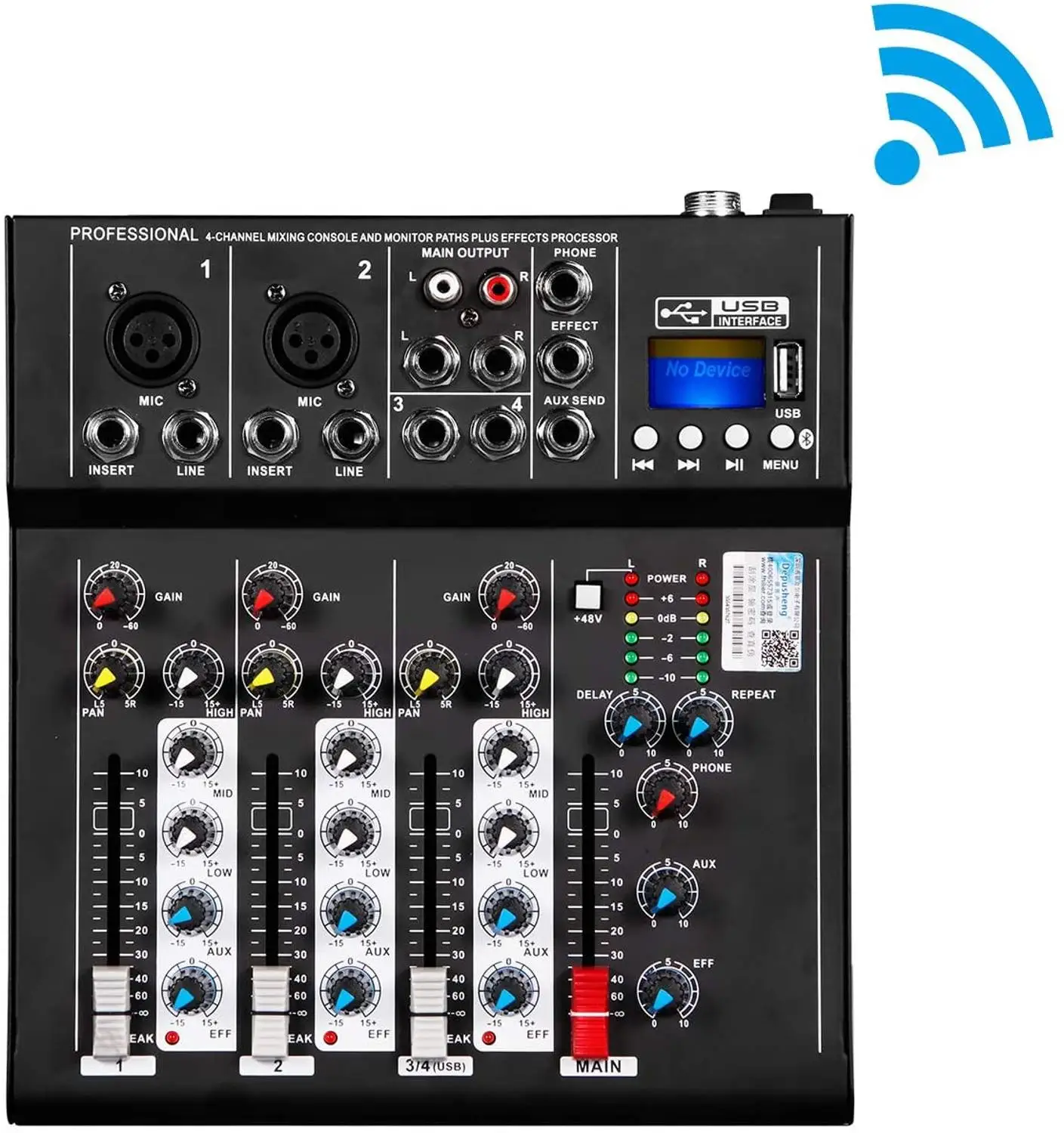 

Depusheng F4 4 Channel Audio Mixer Sound Professional Mixing Console With Bluetooth USB Recording 48V Phantom Power Monitor Path