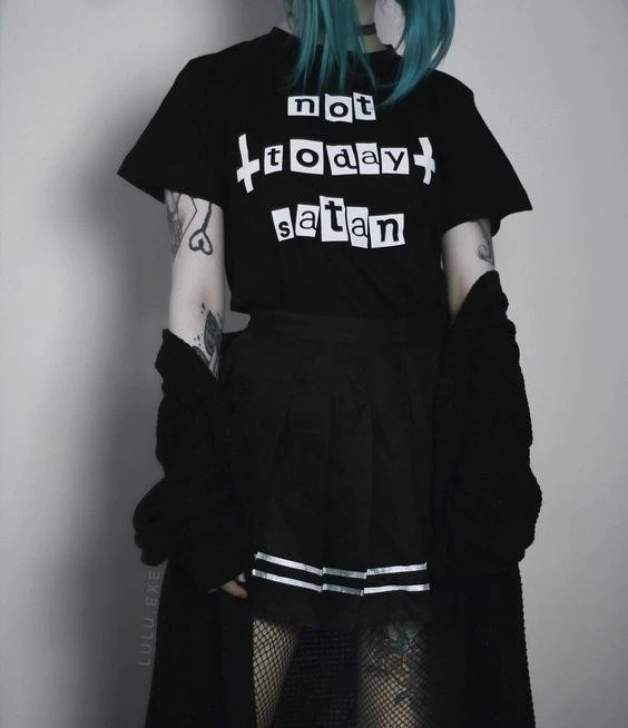 Not Today Satan Women Pastel Goth T-Shirt Japanese Fashion Grunge Black Tee Cool Summer graphic slogan tumblr goth Tops- L011 
Not Today Satan Women Pastel Goth T-Shirt Japanese Fashion Grunge Black Tee Cool Summer graphic slogan tumblr goth Tops- L011
