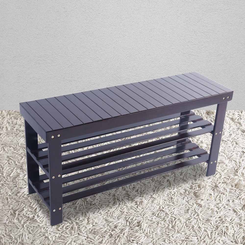 US Warehouse90cm Strip Pattern 3 Tiers Bamboo Stool Shoe Rack Coffee