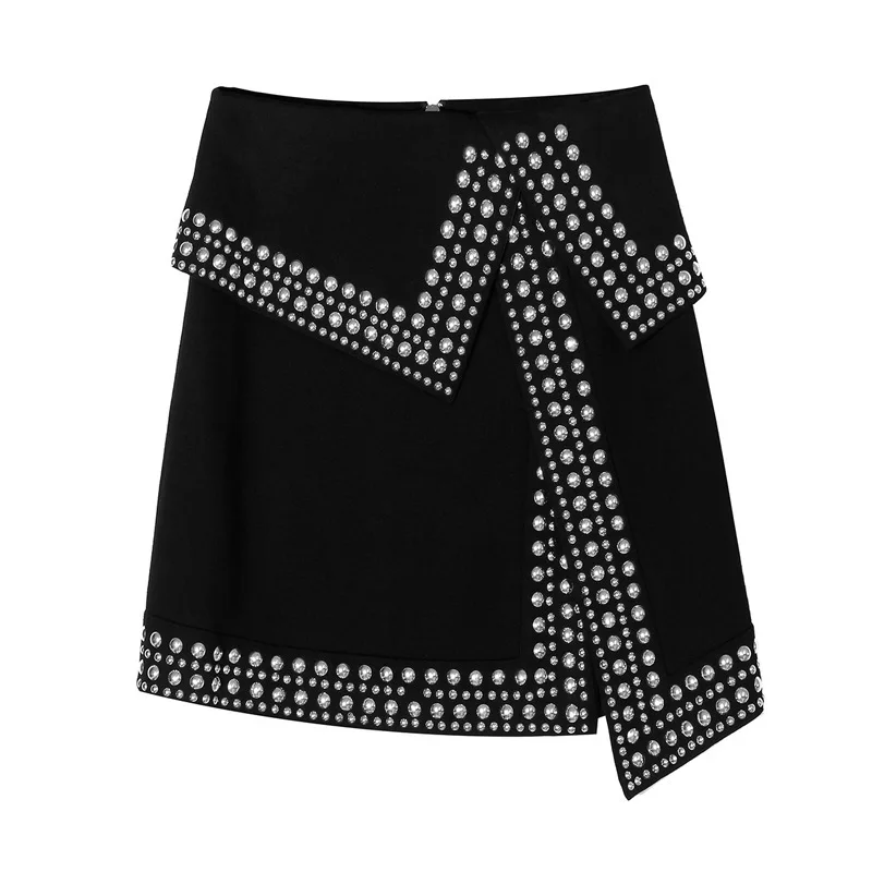 

DEAT 2019 Heavy Work Punk High Waist Rivet Beaded Asymmetrical Split Skirt Skirt Autumn And New Women's Clothing 19F-a211